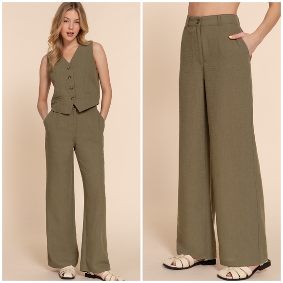 Pants - Gorgeous Olive Green 2-Piece Vest And Pants Set